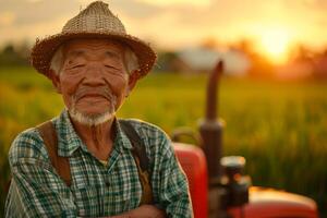 An old man with a hat standing in a field photo