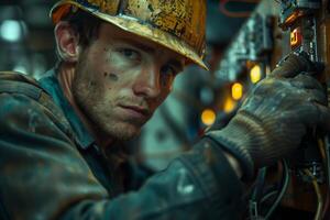 A man in a hard hat and overalls working on a machine photo