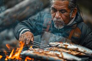 An old man grilling fish on a grill photo