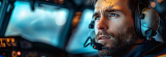 A man in a pilot's helmet looking at something photo