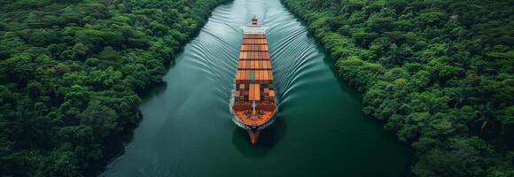 A cargo ship traveling through a river photo