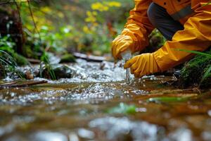 A person in yellow rubber gloves is holding a water bottle photo