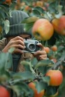 A person taking a photo of an apple tree