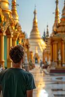 A man standing in front of a golden pagoda photo