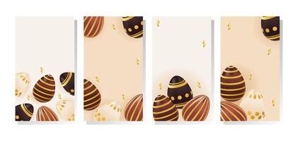 Vertical stories template Easter theme with realistic chocolate eggs with gold pattern. Holiday greeting for social media post with copy space. illustrations set brown, beige colors vector