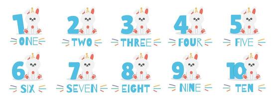Cute bunny character in hat, text and numbers set. Beautiful elements for Kids Birthday Party invitation, greeting card, poster, event, prints and cake toppers design vector