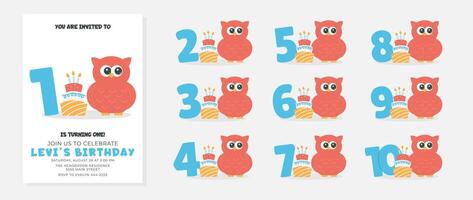 Greeting and invitation for kids Birthday party. Cute owl and set numbers, cake and bird in flat childrens style. illustration collection, design for card, poster, event, prints vector