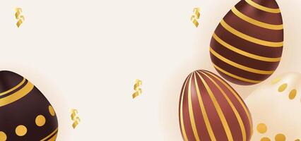 Happy Easter background realistic chocolate eggs, golden pattern. Holiday concept, template, layout, copy space. illustration brown, beige colors vector