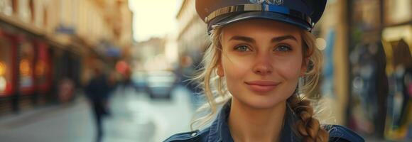 A woman in a police uniform is looking at the camera photo