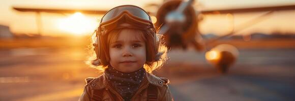 A young boy wearing a helmet and holding a plane photo