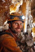 A man wearing a helmet and holding a flashlight in a cave photo