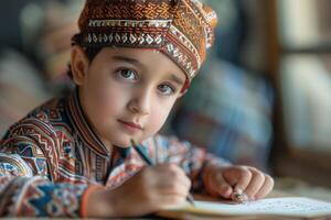 A young boy in an afghan hat writing on a piece of paper photo