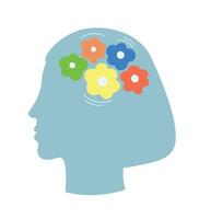 Abstract profile of a man with symbolic thought process in his head. Silhouette of a woman with flowers and gears in the brain area. vector