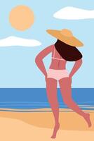 A woman in a swimsuit and hat against the backdrop of the sea, the beach. A slender girl stands with her back on vacation. flat graphics. vector