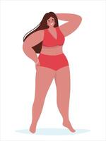 Full length woman in a plus size swimsuit. Beautiful happy girl on the beach in summer. flat graphics. vector