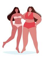 Two happy girls in swimsuits of different weights and builds. Girlfriends on vacation. A fat and thin woman rejoices. flat graphics. vector