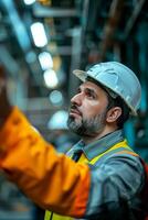 A man in a hard hat and safety vest is pointing at something photo