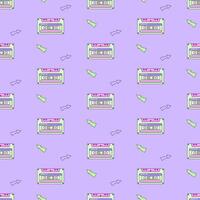 Seamless pattern with audio cassette. Multicolored elements on purple background. Retro illustration with outline in 90s style. illustration. vector