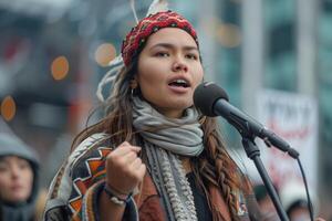 A woman with a headband and scarf speaking into a microphone photo