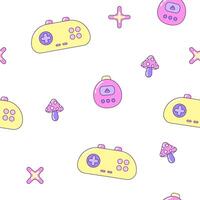 Seamless pattern with gamepads and fly agaric mushrooms. Multicolored elements on white background. Retro illustration with outline in 90s style. illustration. vector