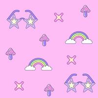 Seamless pattern with vintage star shaped sunglasses and rainbow in style of 90s. Multicolored elements on pink background. Retro illustration with outline in 90s style. illustration. vector