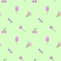Seamless pattern with vintage pizza and ice cream in style of 90s. Multicolored elements on green background. Retro illustration with outline in 90s style. illustration. vector