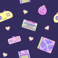 Seamless pattern with audio cassette and gamepad. Multicolored elements on dark background. Retro illustration with outline in 90s style. illustration. vector