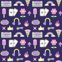 Seamless pattern with vintage Multicolored elements on dark background. Retro illustration with outline in 90s style. illustration. vector