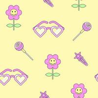 Seamless pattern with vintage flower and heart shaped sunglasses in style of 90s. Multicolored elements on yellow background. Retro illustration with outline in 90s style. illustration. vector