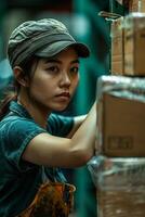 A woman in a hat is standing in a warehouse photo