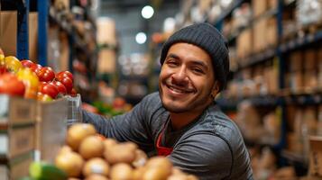 A smiling man is standing in a grocery store photo