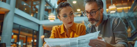 A man and woman looking at a newspaper photo