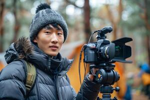 A young man in a winter jacket holding a camera photo