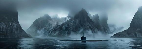 A submarine is floating in the water near some mountains photo