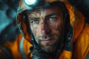 A man in an orange jacket and helmet photo