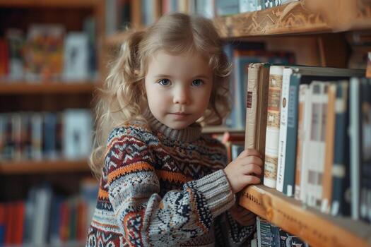 A little girl standing in front of a book shelf photo
