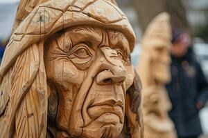 A carved head of a native american man photo
