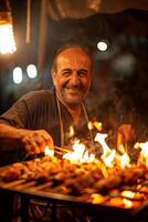 A man cooking on a grill with fire photo
