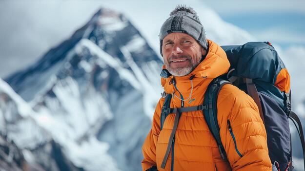A man in an orange jacket and hat is smiling photo