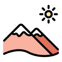 Mountain Icon Peaks with Snow Caps and Clouds in Flat Line Color Style. vector
