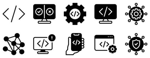Coding Icon Set Technical Solid Style Collection for Programming and Development. vector