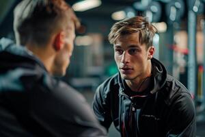 A man is talking to another man in a gym photo