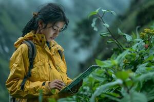 A woman in a yellow jacket is using a tablet photo