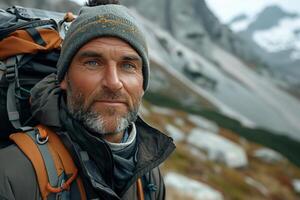 A man with a backpack and a hat is standing in front of a mountain photo