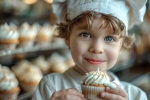 A young boy in a chef hat holding a cupcake photo