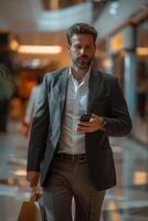 A man in a suit and tie is holding a cell phone photo