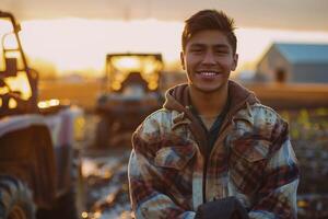 A young man smiles while standing in front of a tractor photo