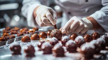 A chef is putting chocolate on a tray photo