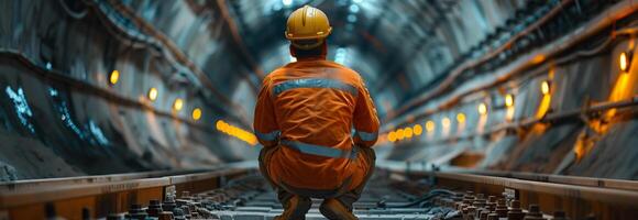 A man in an orange jacket and hard hat walking down a tunnel photo
