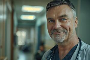 A man in a doctor's coat standing in a hallway photo